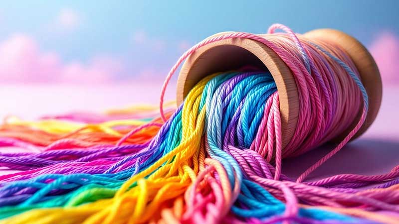 Eine Kollektion aus Polyester- und Nylonfäden in verschiedenen Farben.