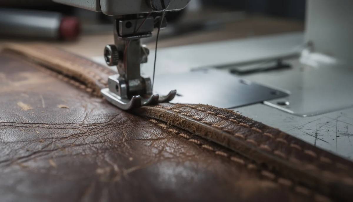 A close up image of an industrial sewing machine shows it stitching through thick leather material highlighting the machines precision and durability. The stitching process emphasizes the superior strength and quality of the materials use