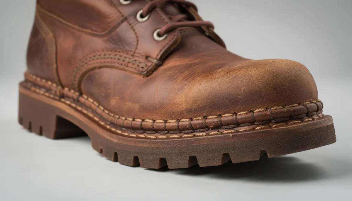 The image features a rugged leather work boot showcasing heavy duty stitching along the sole that emphasizes its durability and quality. This boot is designed for outdoor gear and industrial applications making it a standout choice for those needing reliable footwear in challenging conditions.