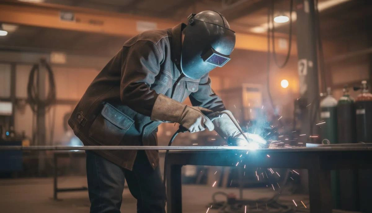 Un trabajador está completamente equipado con ropa de protección, que incluye una chaqueta ignífuga, guantes y una pantalla facial, diseñada para soportar altas temperaturas y exposición a sustancias químicas. El equipo, fabricado con fibras de metaaramida de alta resistencia a la tracción, garantiza la seguridad durante las tareas de soldadura.