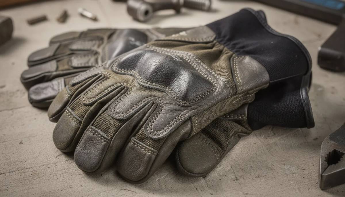 The image shows a close-up of heavy-duty industrial protective gloves featuring reinforced palm stitching, designed for high temperature and chemical resistance. Made with meta aramid fibers, these gloves ensure high tensile strength and flame retardant properties, making them ideal for various professional applications.