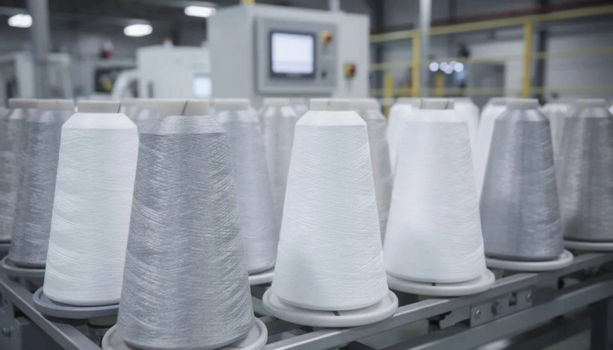 La imagen muestra bobinas industriales de hilo de coser de aramida de alto rendimiento, con vibrantes colores azul y amarillo, dispuestas ordenadamente en conos de fabricación en una fábrica. Estos hilos están diseñados para ropa de protección y presentan características como resistencia al calor, retardancia al fuego y alta resistencia a la tracción, lo que los hace ideales para diversas aplicaciones industriales.