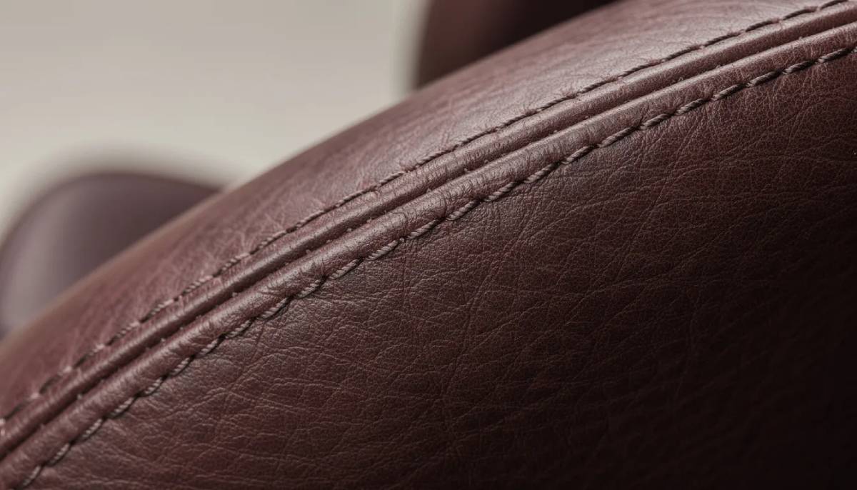 A close-up view of a leather car seat highlights the intricate contrast topstitching and seam construction, showcasing the durable polyester thread designed for automotive upholstery. The stitching not only enhances the aesthetic appeal but also ensures seam strength and resistance to abrasion, contributing to the overall durability of the seat.
