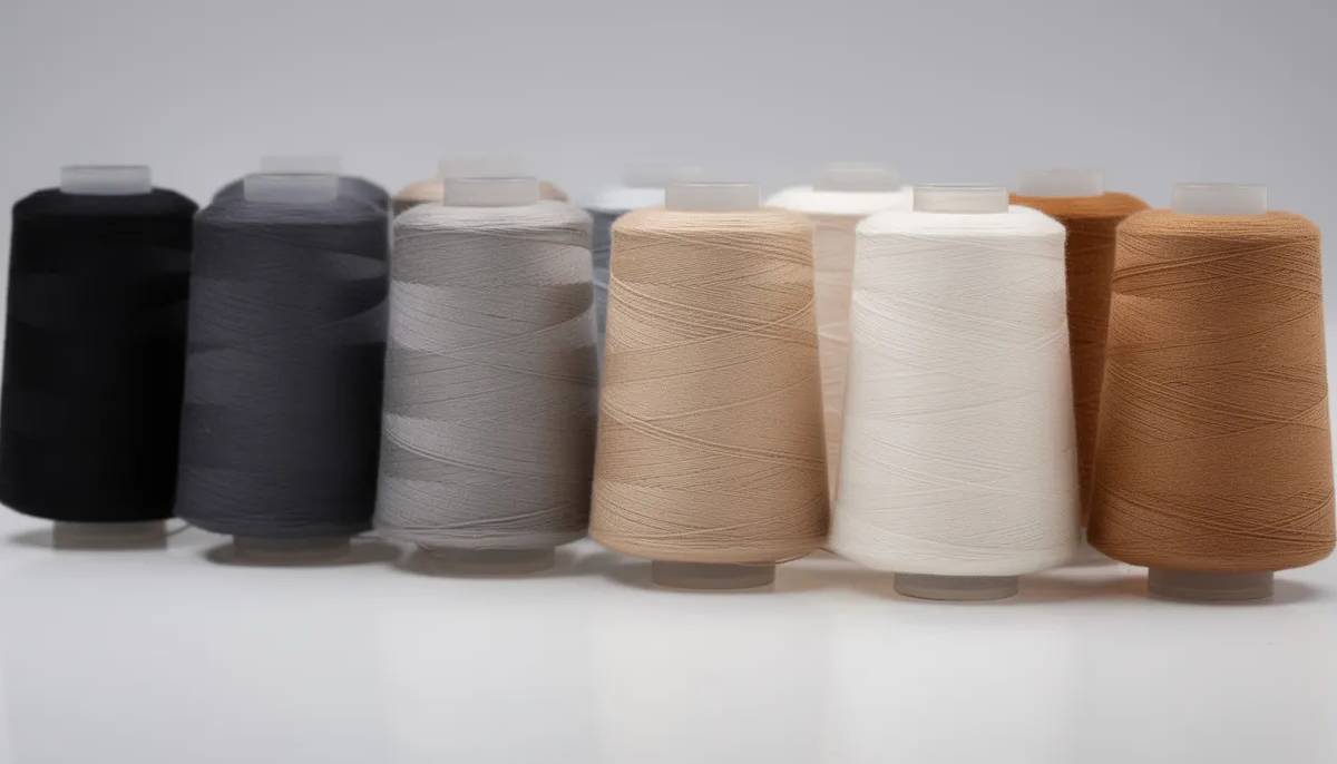 The image features industrial sewing thread cones in a variety of automotive interior colors, including black, gray, and beige, showcasing polyester thread designed for durability and UV resistance. These cones are ideal for stitching upholstery, boat covers, and other projects requiring high seam strength and abrasion resistance.