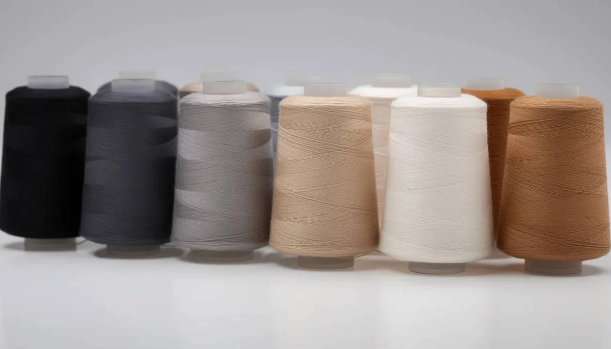 Das Bild zeigt Konen aus Industrienähgarn in verschiedenen Autoinnenfarben, darunter Schwarz, Grau und Beige. Das Polyestergarn ist besonders strapazierfähig und UV-beständig. Diese Konen eignen sich ideal zum Nähen von Polstern, Bootsabdeckungen und anderen Projekten, die hohe Nahtfestigkeit und Abriebfestigkeit erfordern.