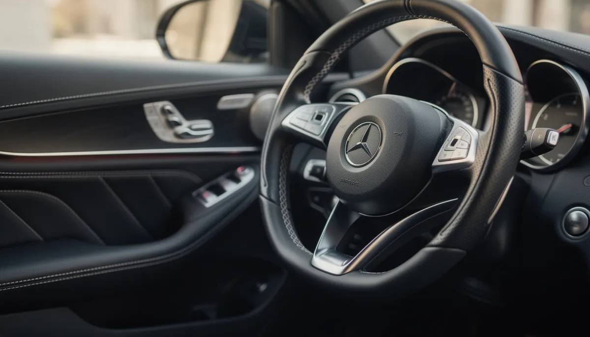 The image depicts a luxury car interior featuring a leather steering wheel with contrast stitching, complemented by elegant leather door panels. This sophisticated design showcases the durability and performance of automotive upholstery, ensuring resistance to fading and abrasion from UV exposure.