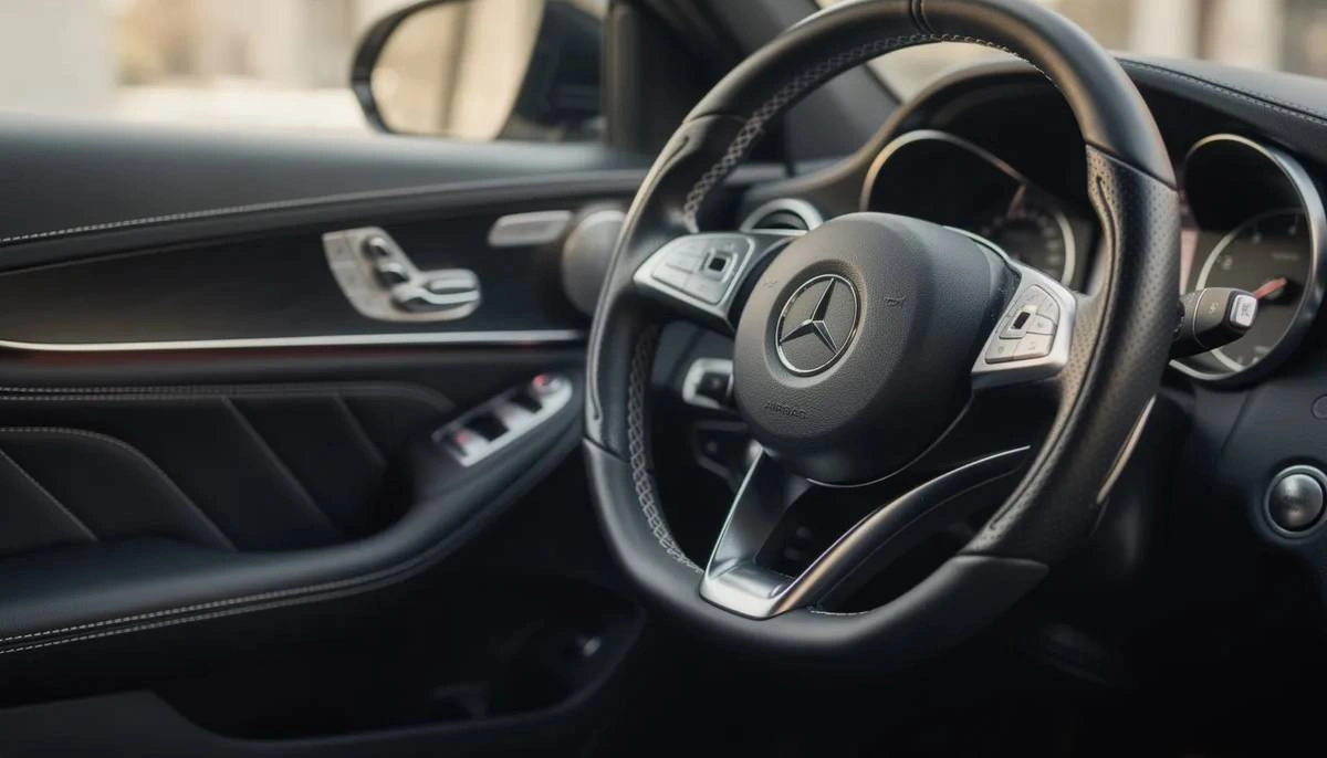 Das Bild zeigt den Innenraum eines Luxuswagens mit einem Lederlenkrad mit Kontrastnähten und eleganten Türverkleidungen aus Leder. Dieses anspruchsvolle Design unterstreicht die Langlebigkeit und Leistungsfähigkeit der Fahrzeugpolsterung und gewährleistet deren Beständigkeit gegen Ausbleichen und Abrieb durch UV-Strahlung.