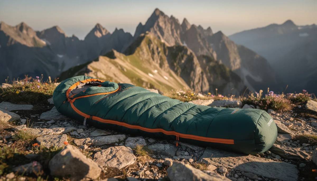 Un saco de dormir profesional para exteriores se extiende sobre terreno montañoso accidentado, mostrando su resistente construcción con tejidos ligeros como nailon y poliéster. Su diseño prioriza la transpirabilidad y la resistencia al desgaste, lo que lo convierte en la opción ideal para los amantes de las actividades al aire libre.