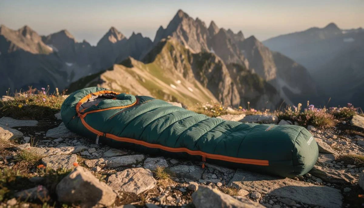 A professional outdoor sleeping bag is spread out on rugged mountain terrain, showcasing its durable construction made from lightweight fabrics like nylon and polyester. The design emphasizes breathability and resistance to wear, making it an ideal choice for outdoor enthusiasts.
