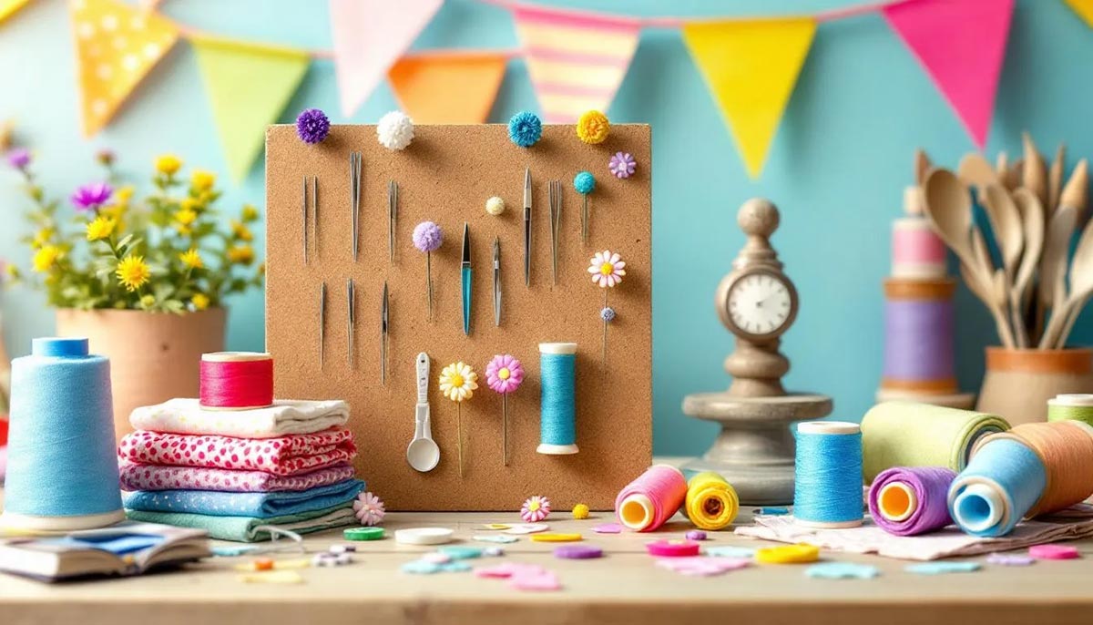 A variety of essential sewing notions displayed together, including needles, pins, and threads.